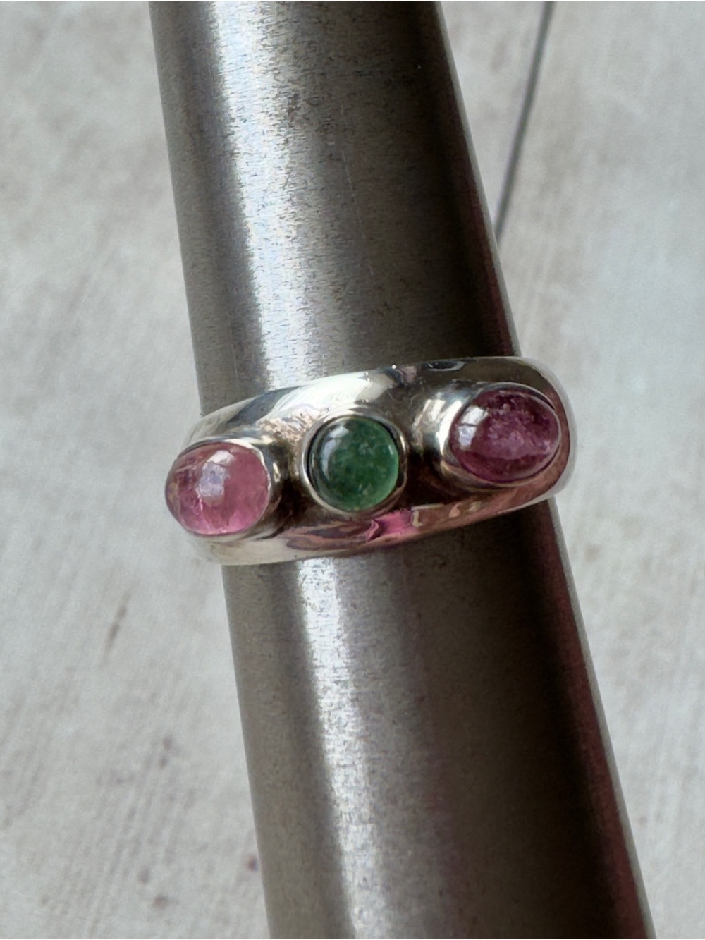 Sterling Silver Three-Stone Ring with Pink and Green Gems - Picture 3 of 4